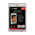 Ultra Pro Vintage One-Touch 35pt clear plastic card holder in its retail packaging, featuring a black backing card with product details and a small sample of a vintage card.