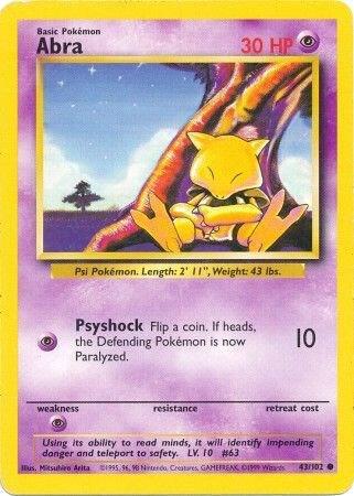 Pokémon trading card featuring Abra with a yellow and purple design.