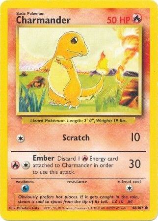 Pokémon trading card featuring Charmander with a fiery background