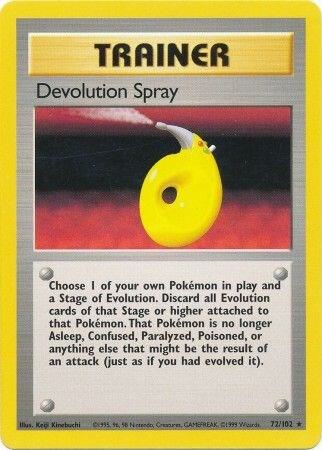 Pokémon trading card featuring a trainer item called 'Devolution Spray'.