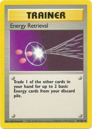 Trading card featuring 'Energy Retrieval' trainer with energy beam graphic
