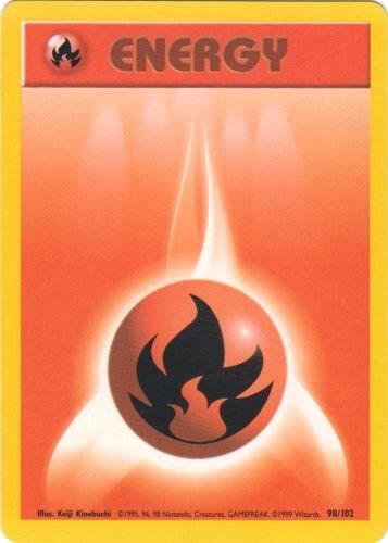 Pokémon energy card with flame design and 'ENERGY' text on a red and yellow border