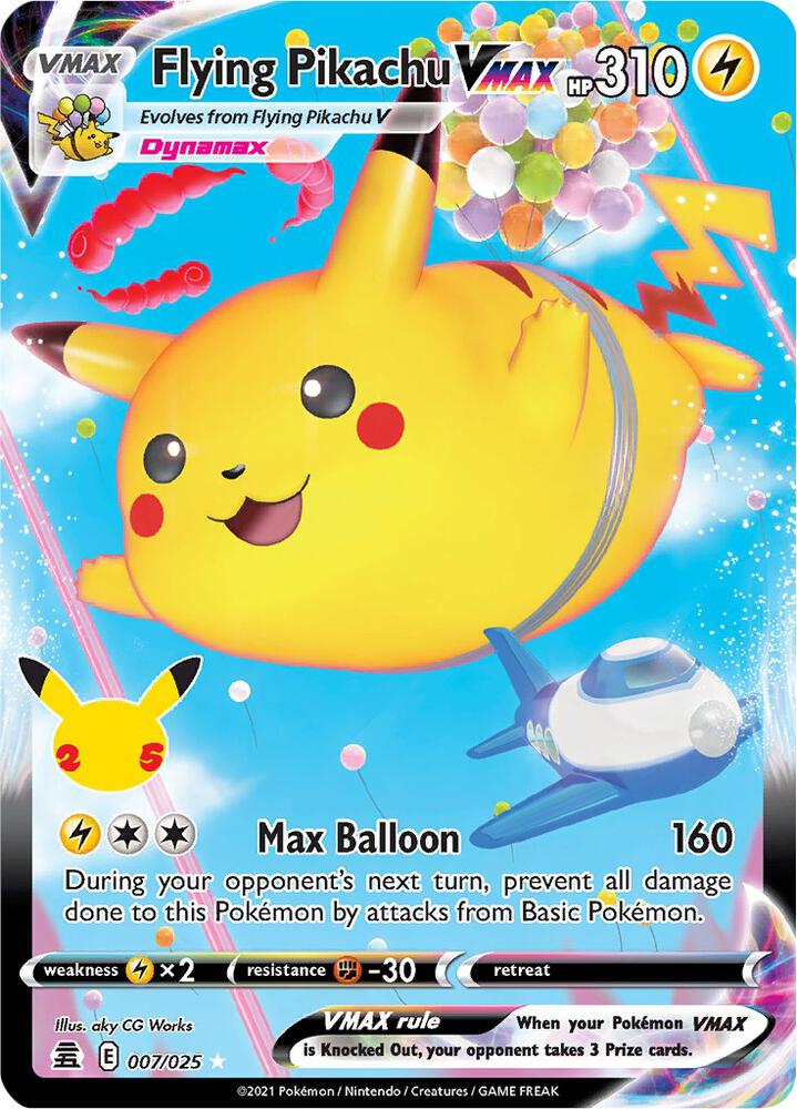 Pokémon trading card featuring Flying Pikachu VMAX with colorful design elements.