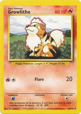 Pokémon trading card featuring Growlithe with a grassy field background