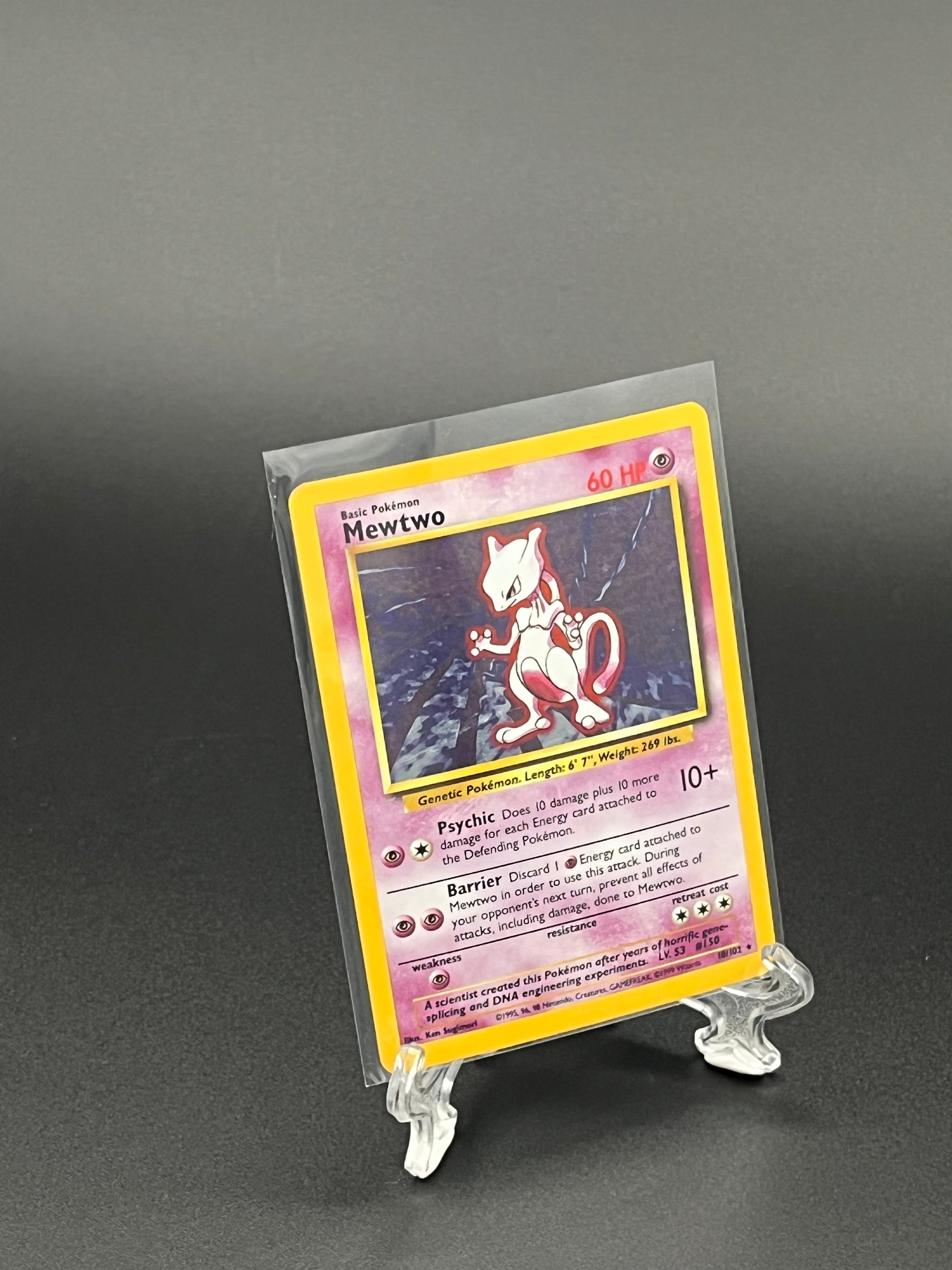 Trading card in a protective clear sleeve on a dark background