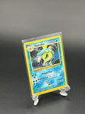 Trading card in a clear protective sleeve on a dark background
