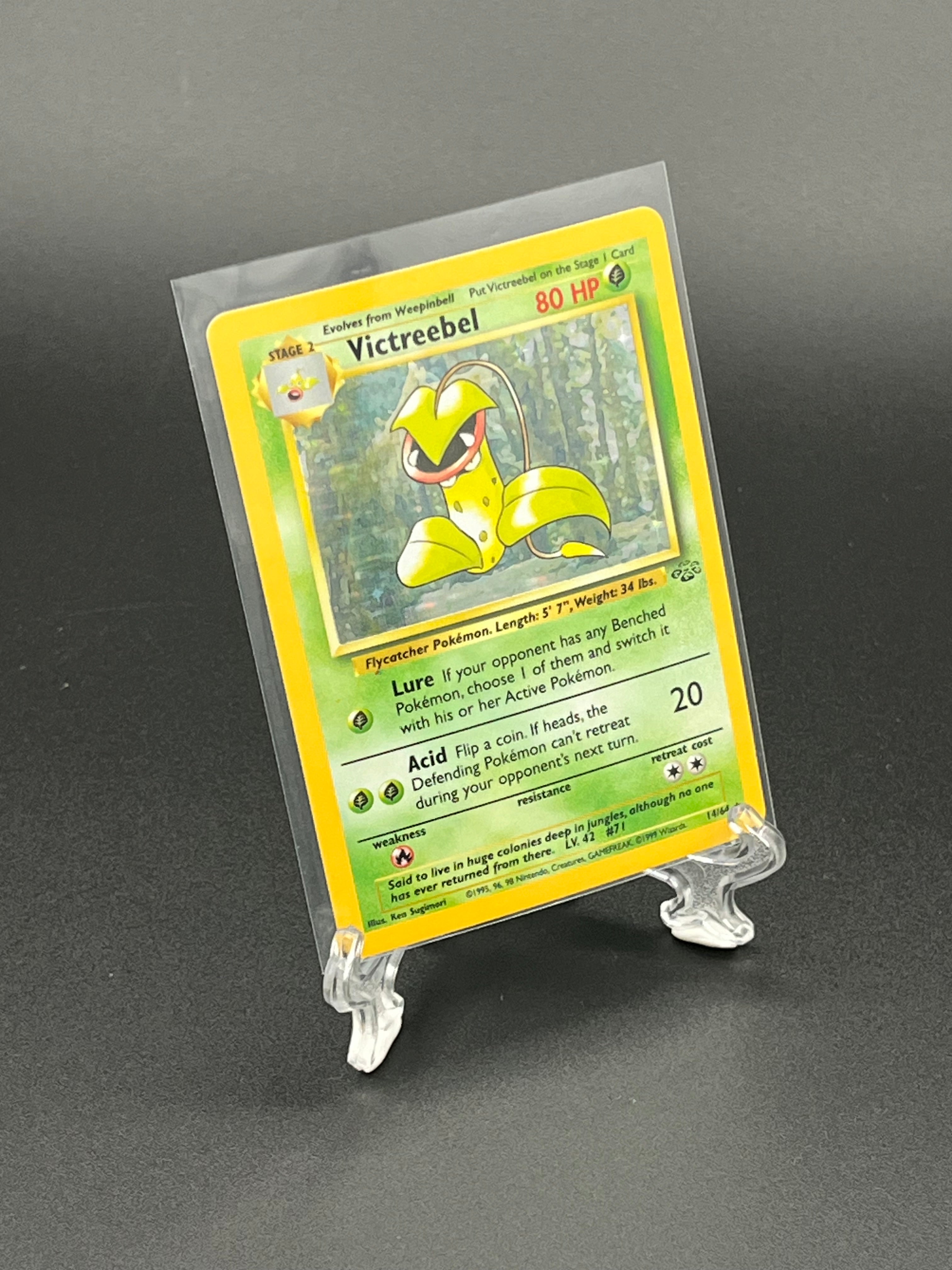 Victeemon trading card in a clear protective holder on a dark background