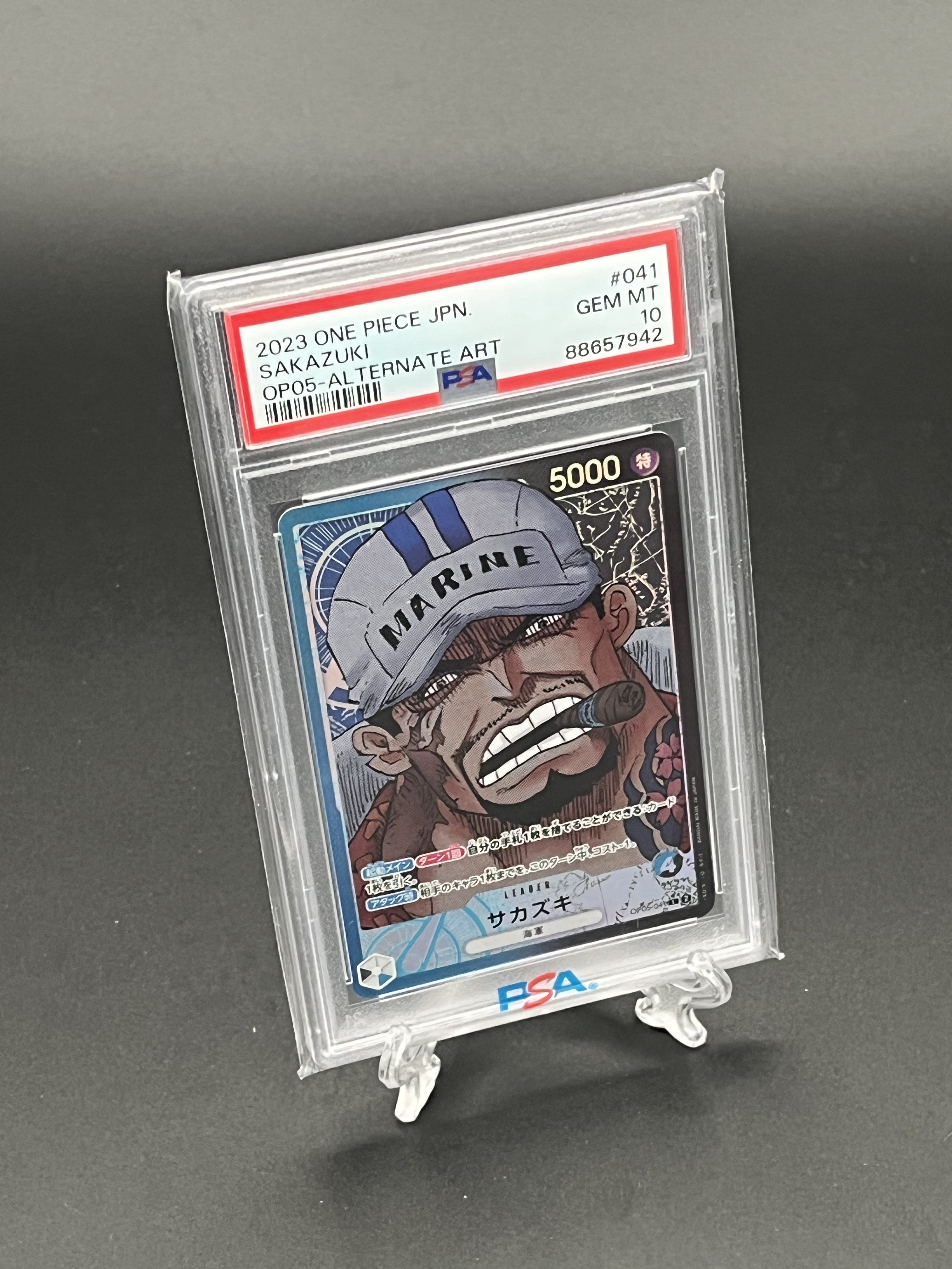 Trading card in a protective case with a gray background