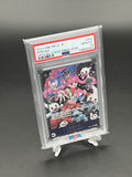 Trading card in a protective case on a gray background