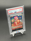 Trading card featuring an animated character in a protective case on a gray background