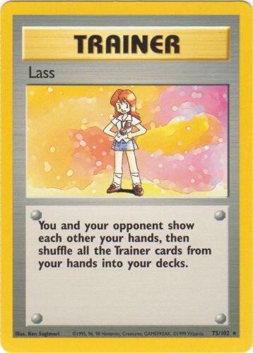 Pokémon trading card featuring a trainer character named Lass with a yellow border.