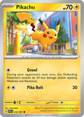 Pokémon trading card featuring Pikachu with a cityscape background