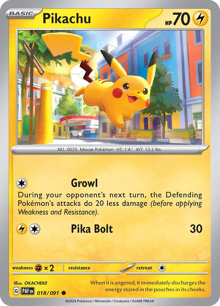 Pokémon trading card featuring Pikachu with a cityscape background