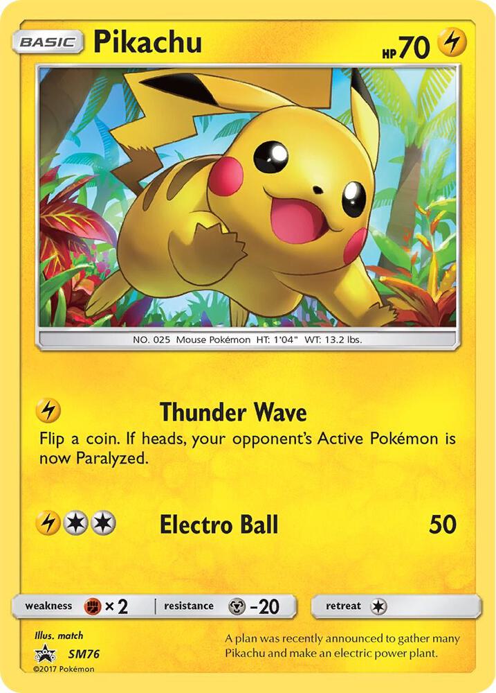 Pokémon trading card featuring Pikachu with a yellow border and green background