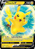 Pikachu V trading card with energy blast effect
