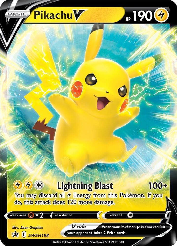 Pikachu V trading card with energy blast effect