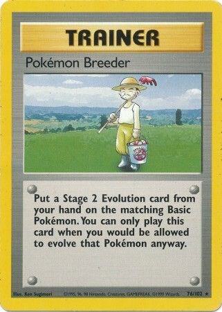 Pokémon trading card featuring a trainer with a 'Pokémon Breeder' role.