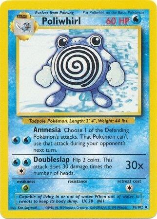 Poliwhirl Pokémon trading card with blue and yellow border