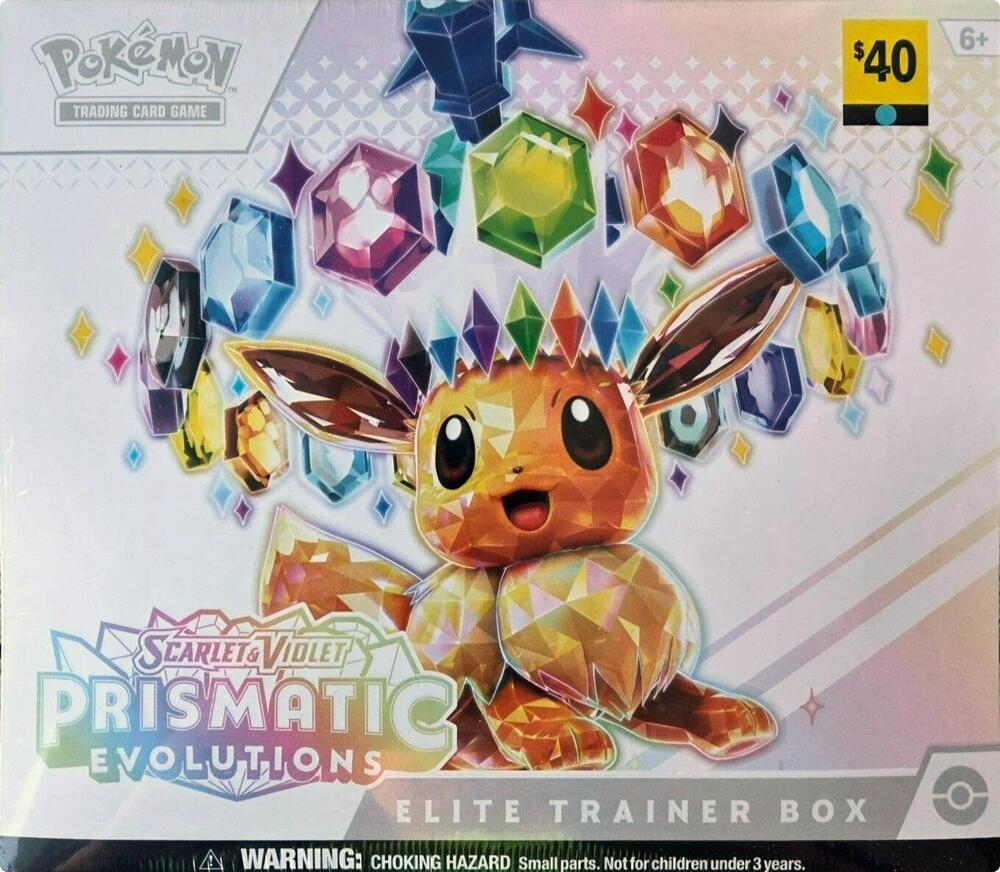 Pokémon trading card game box with Eevee design and colorful gemstones on a white background.