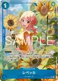 Card featuring a character with pink hair and sunflowers, with 'SAMPLE' text overlay.