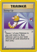 Pokémon trading card featuring a trainer move called 'Scoop Up' with a cartoon character on a yellow border.