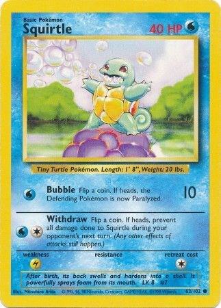 Pokémon trading card featuring Squirtle with a turtle graphic and text.
