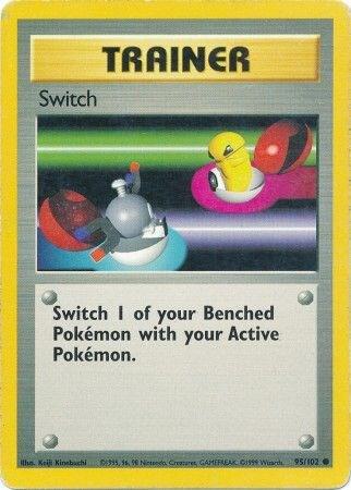 Pokémon trading card featuring a 'Switch' trainer card with colorful characters on a yellow border.