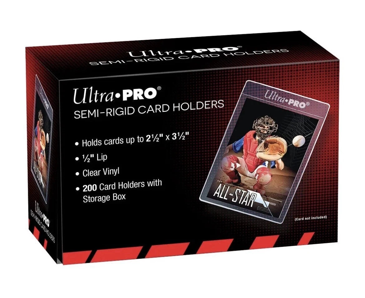 Ultra PRO Semi-Rigid Card Holders box, featuring a black and red design with product details and an illustration of a card holder containing a basketball card.